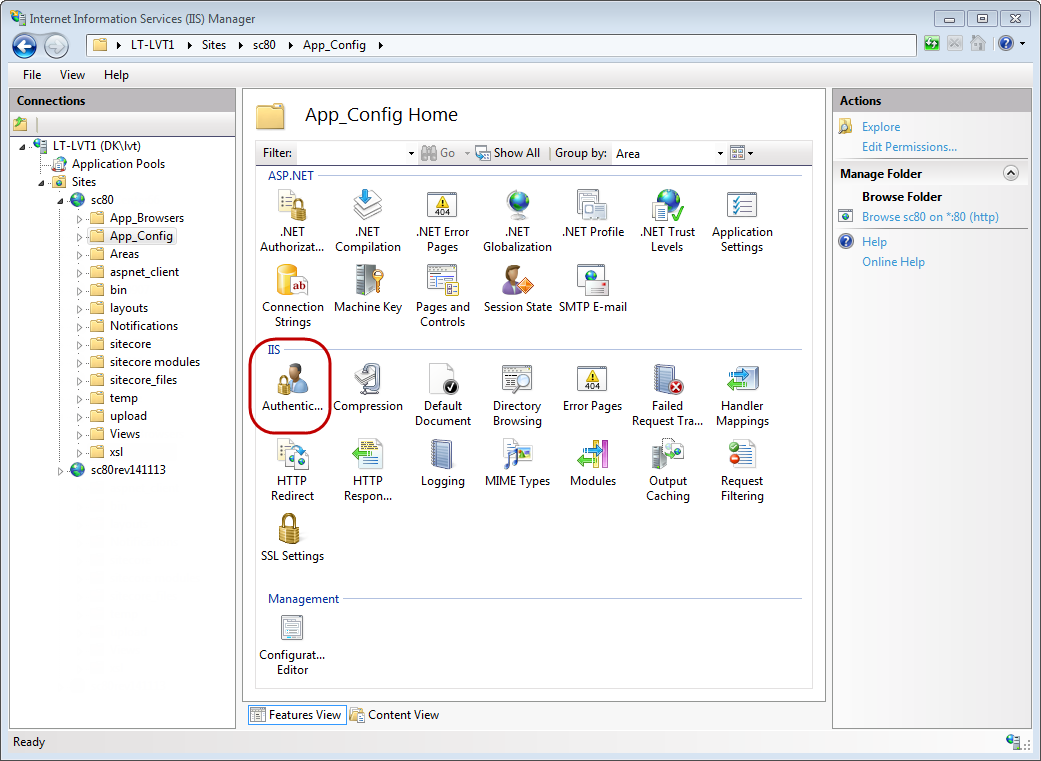 Screenshot showing how to access the IIS authentication settings for a folder or a file.