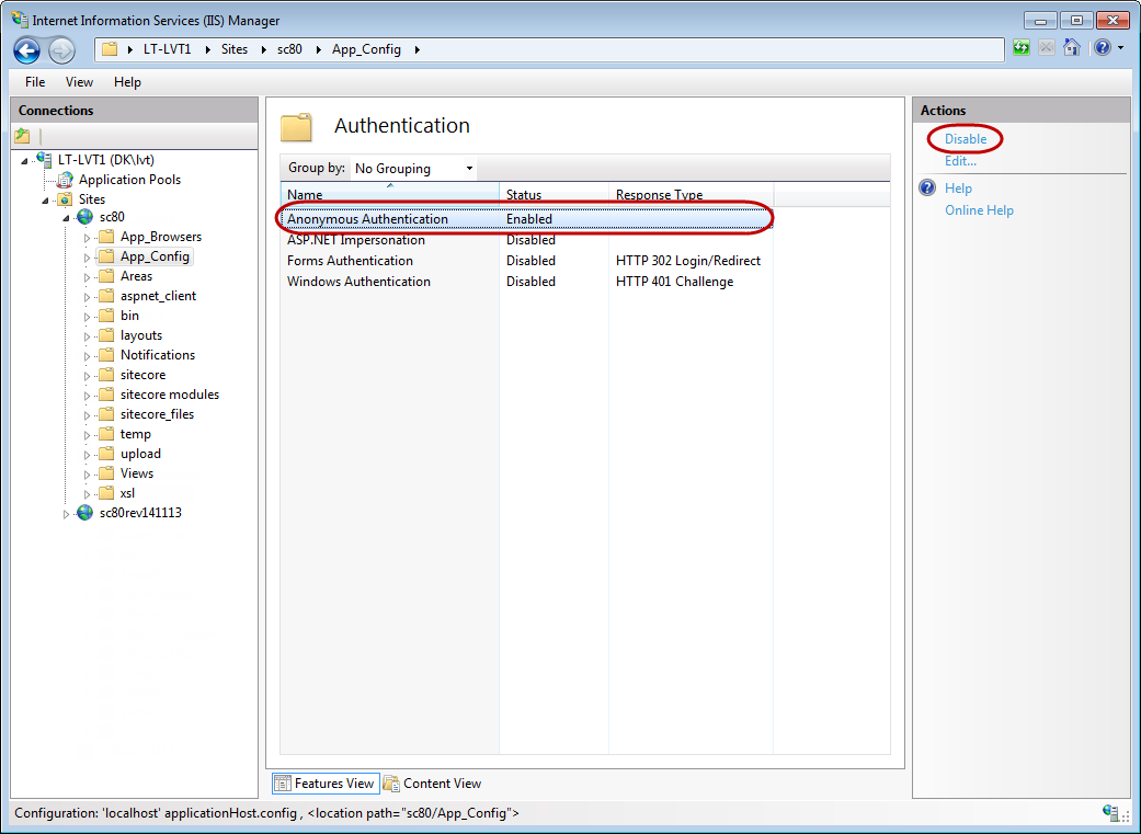 Screenshot showing how to change the IIS anonymous authentication settings for a folder or a file.