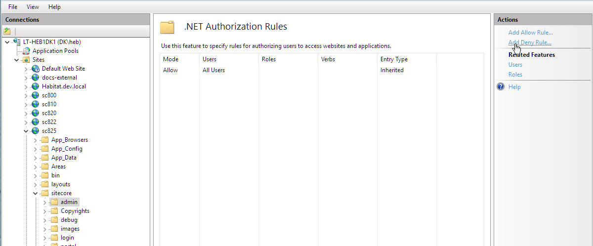 Screenshot showing how to add an IIS Deny Rule to a folder or a file.