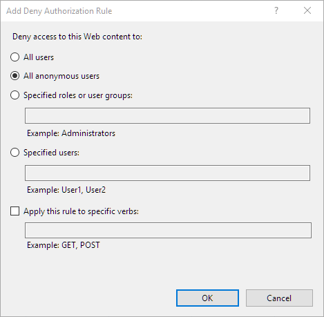 Screenshot showing how to configure an IIS Deny Rule for a folder or file.