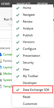 Menu ribbon right-click menu with Data Exchange SDK highlighted in red.