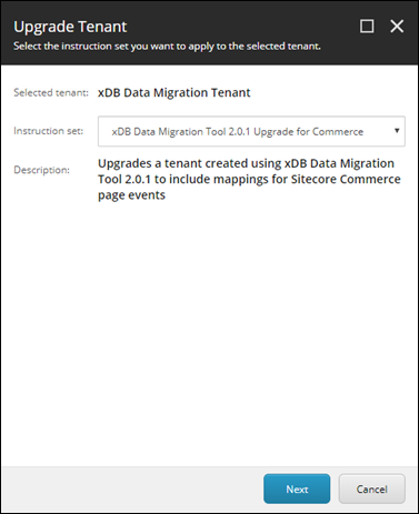 Upgrade Tenant dialog with the Instruction set field set to xDB Data Migration Tool 2.0.1 Upgrade for Commerce.