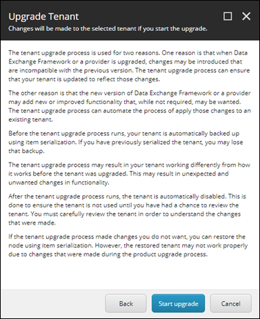 Upgrade Tenant dialog explaining what happens when you upgrade the tenant.