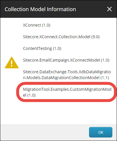 Collection Model Information window with the name of the custom model highlighted in red.