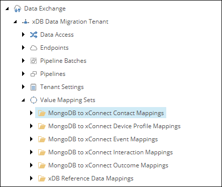 The MongoDB to xConnect Contact Mappings folder in the Content tree.