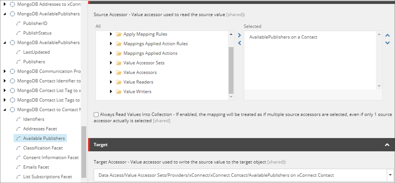 Mapping between the MongoDB Available Publishers and the xConnect AvailablePublishers.