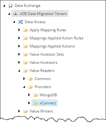 The <tenant> / Data Access / Value Readers / Providers / xConnect node in the Content tree.