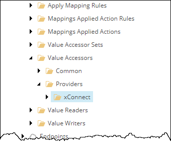 The <tenant> / Data Access / Value Accessors / Providers / xConnect node in the Content tree.