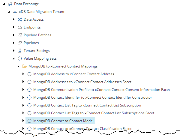 The Value Mapping Sets / MongoDB to xConnect Contact Mappings / MongoDB Contact to Contact Model node in the Content Tree.