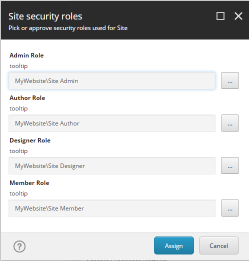 Site security roles dialog box.