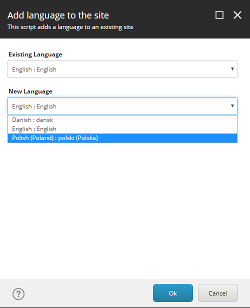 Add language to the site dialog box