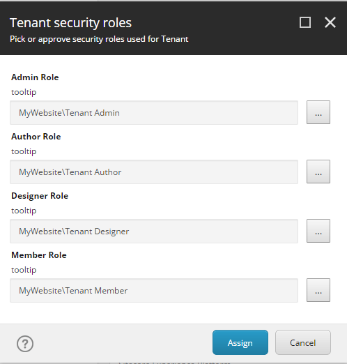 Tenant security roles dialog box.