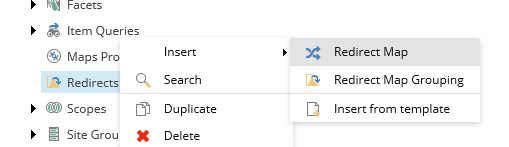 To redirect a map item, click Insert, and Redirect Map.