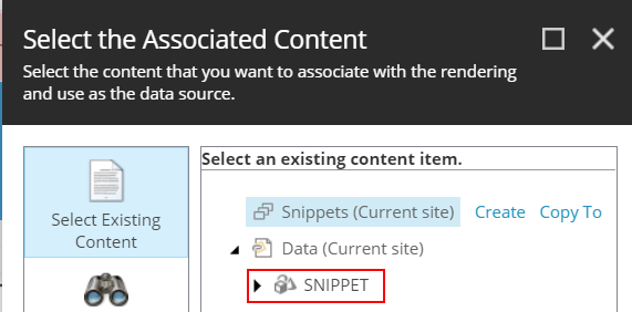 Select the new snippet in the Associated Content dialog box.