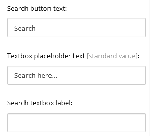 Enter the search button text and the search box placeholder text.